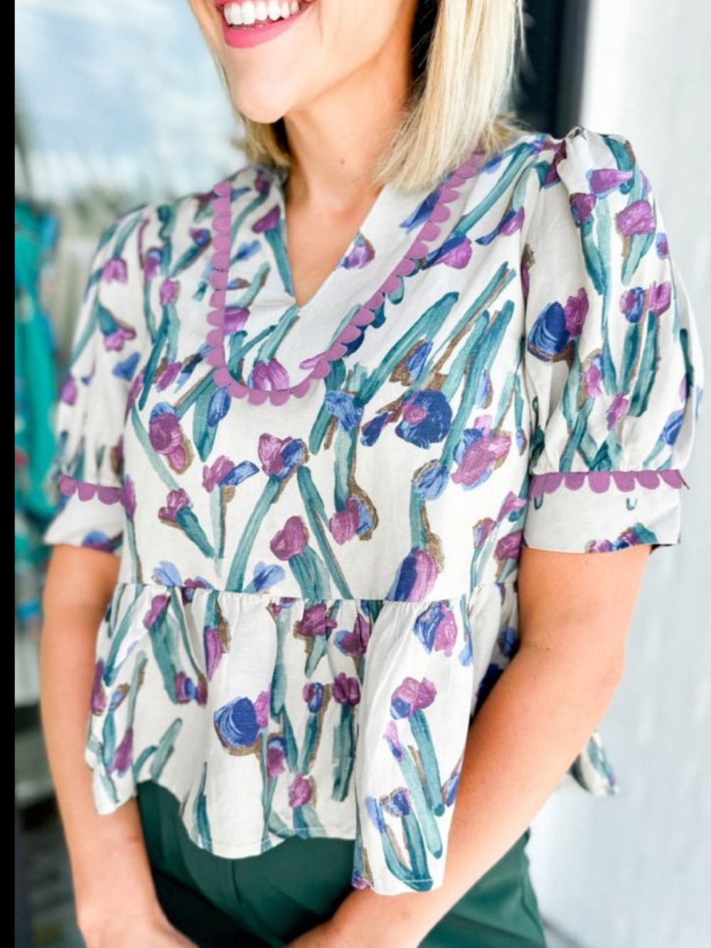 entro Floral Puff-Sleeve Peplum Top — Cream, Purple & Teal